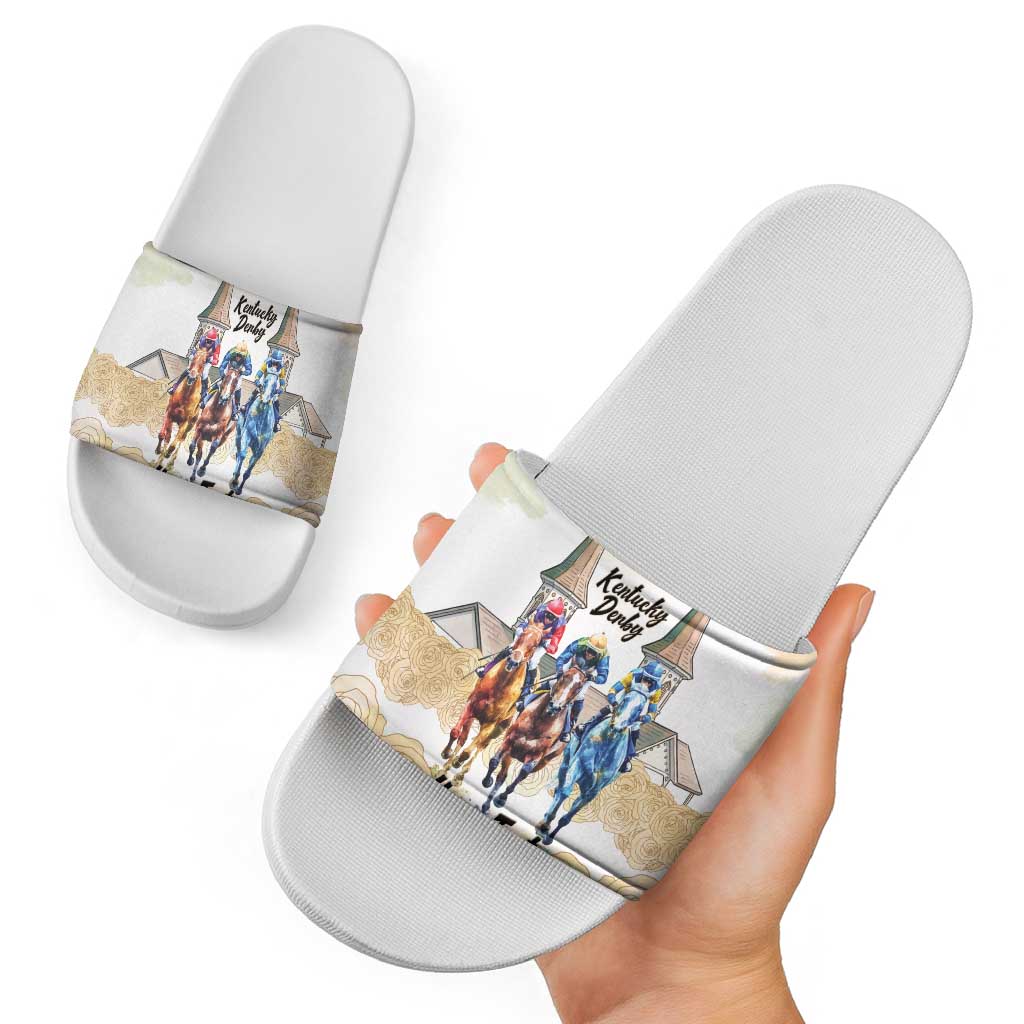 Kentucky Horse Racing Personalized Slide Sandals Churchill Downs Roses Pastel Yellow