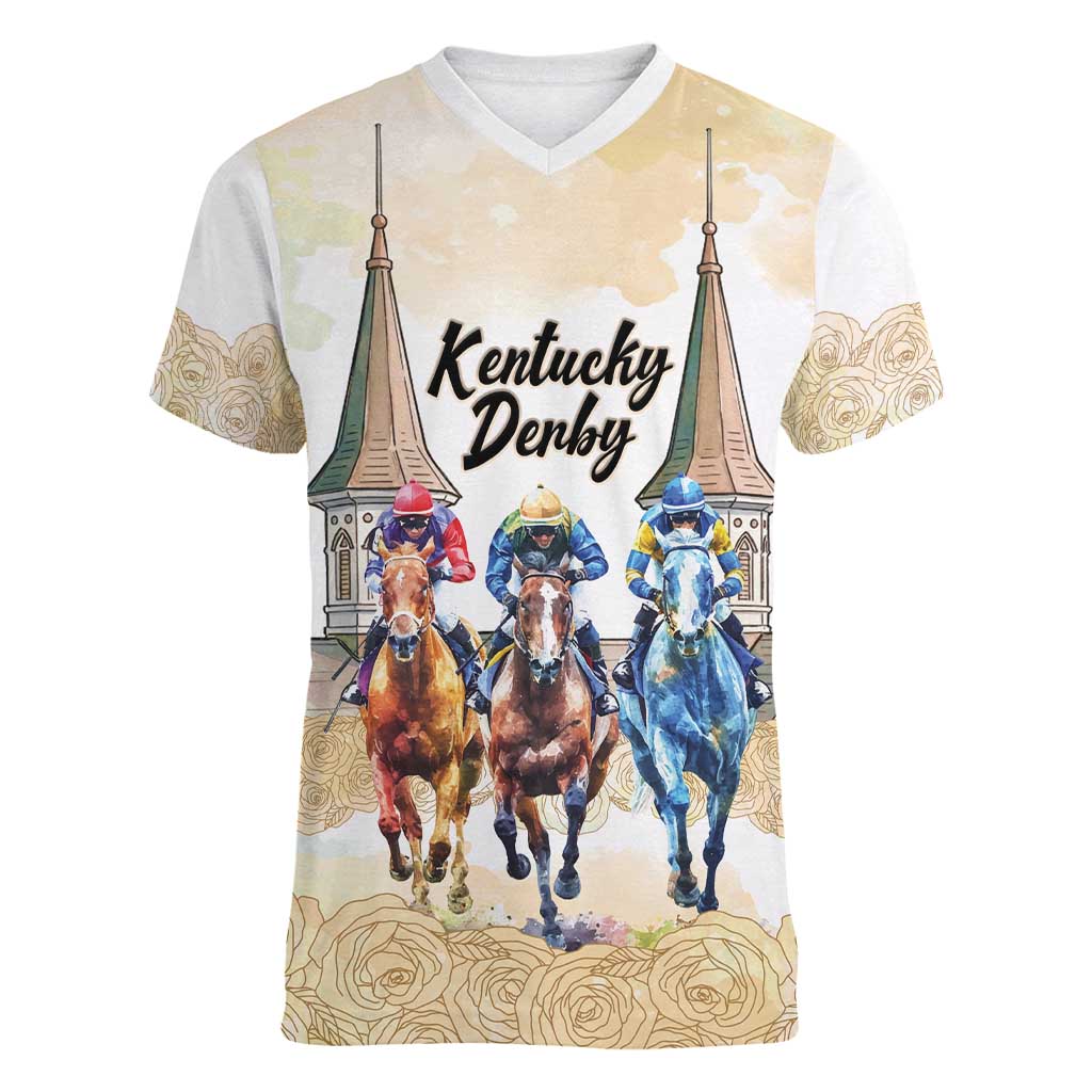 Kentucky Horse Racing Personalized Women V-Neck T-Shirt Churchill Downs Roses Pastel Yellow