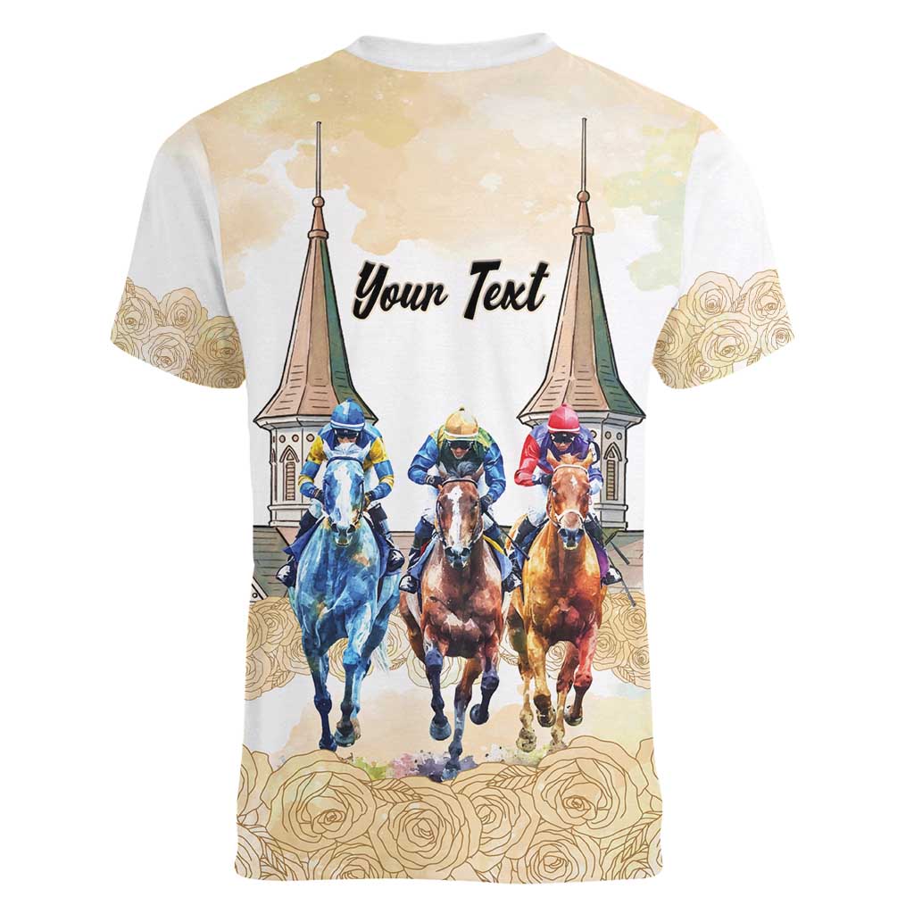 Kentucky Horse Racing Personalized Women V-Neck T-Shirt Churchill Downs Roses Pastel Yellow