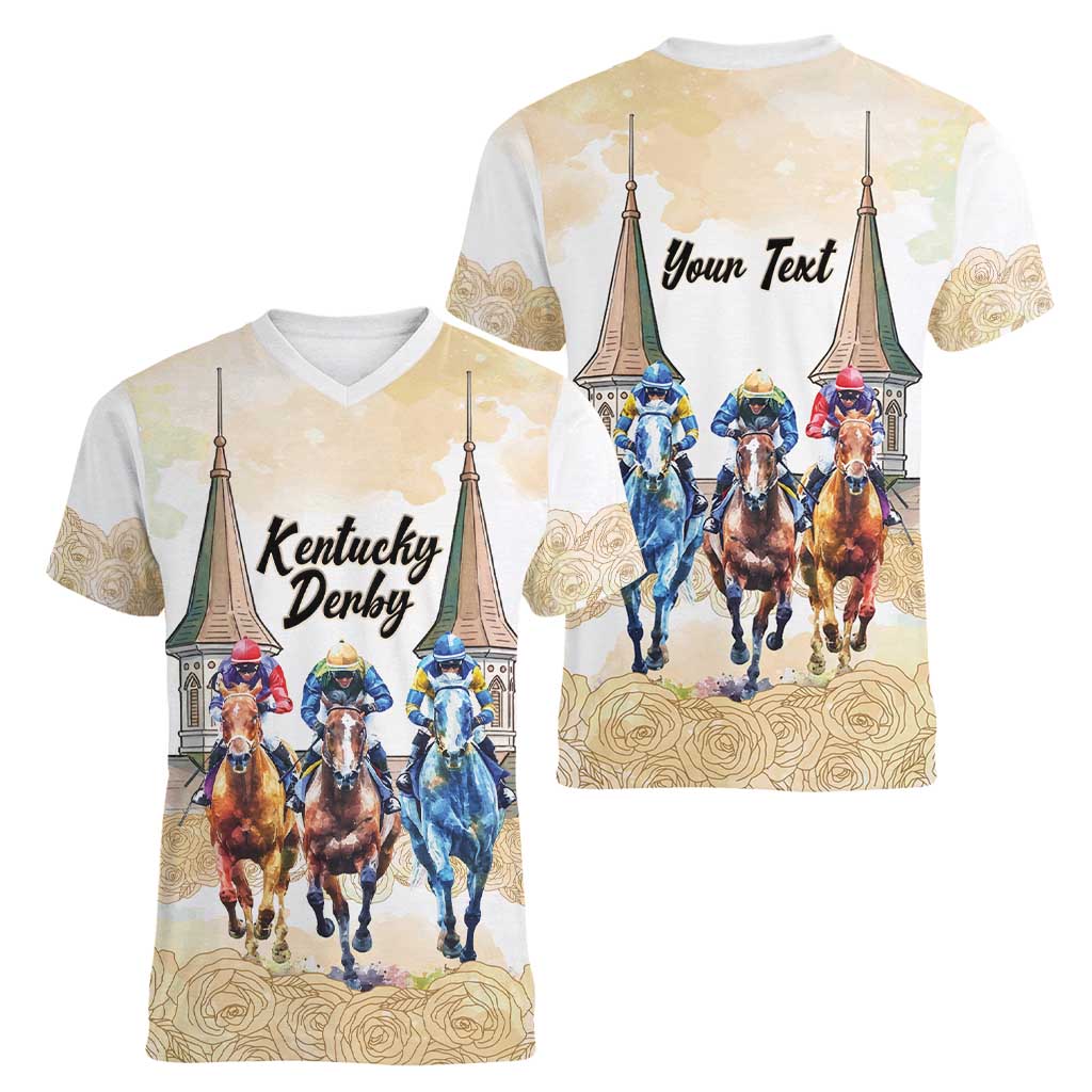 Kentucky Horse Racing Personalized Women V-Neck T-Shirt Churchill Downs Roses Pastel Yellow
