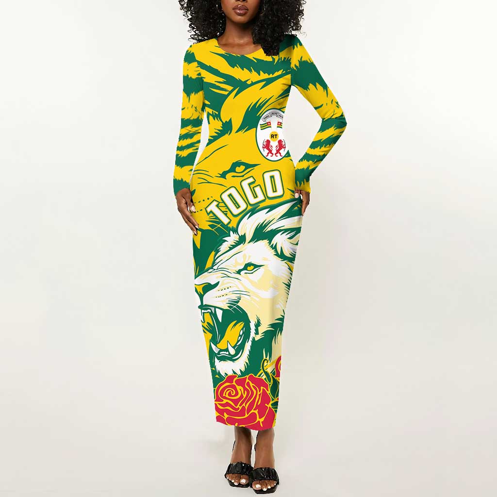 Togo Independence Day Long Sleeve Bodycon Dress Lion and Rose Proud To Be Togolese