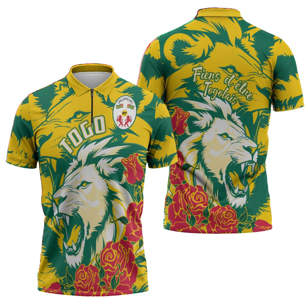 Togo Independence Day Zipper Polo Shirt Lion and Rose Proud To Be Togolese