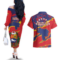 Venezuela Independence Day Couples Matching Off The Shoulder Long Sleeve Dress and Hawaiian Shirt Feliz Dia de la Independencia Grunge Style - Wonder Print Shop