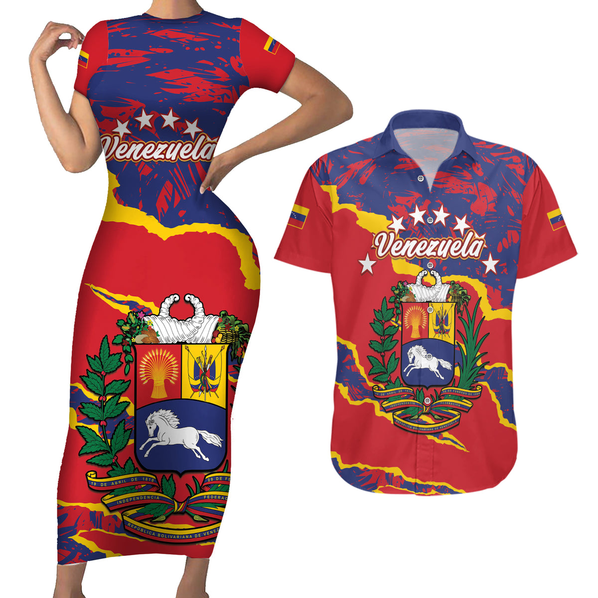 Venezuela Independence Day Couples Matching Short Sleeve Bodycon Dress and Hawaiian Shirt Feliz Dia de la Independencia Grunge Style - Wonder Print Shop