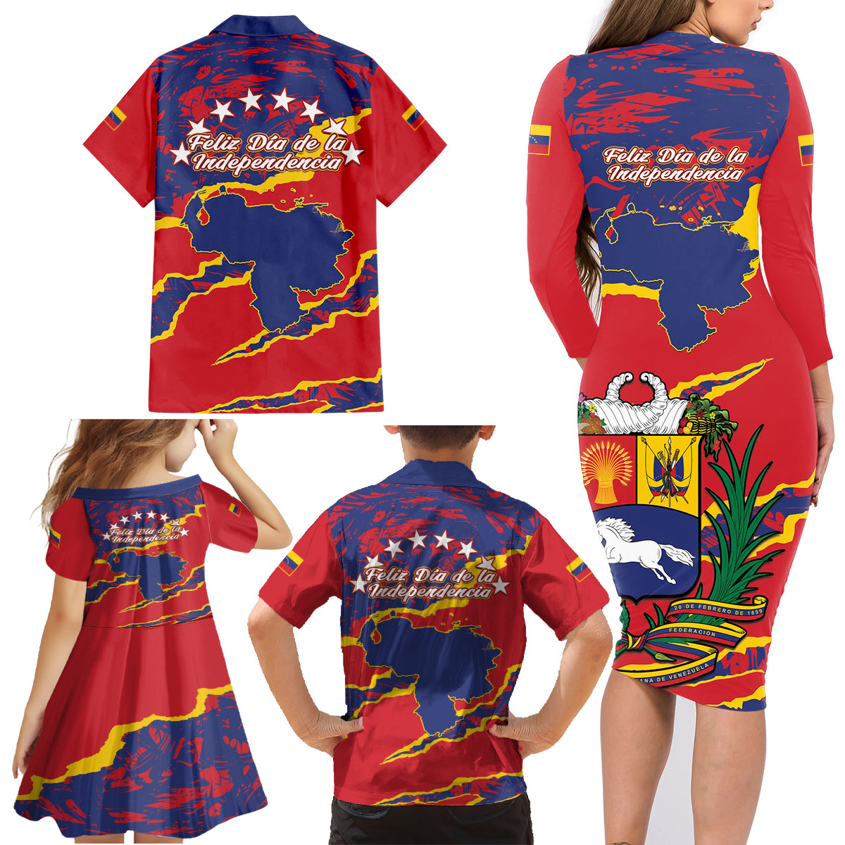 Venezuela Independence Day Family Matching Long Sleeve Bodycon Dress and Hawaiian Shirt Feliz Dia de la Independencia Grunge Style - Wonder Print Shop
