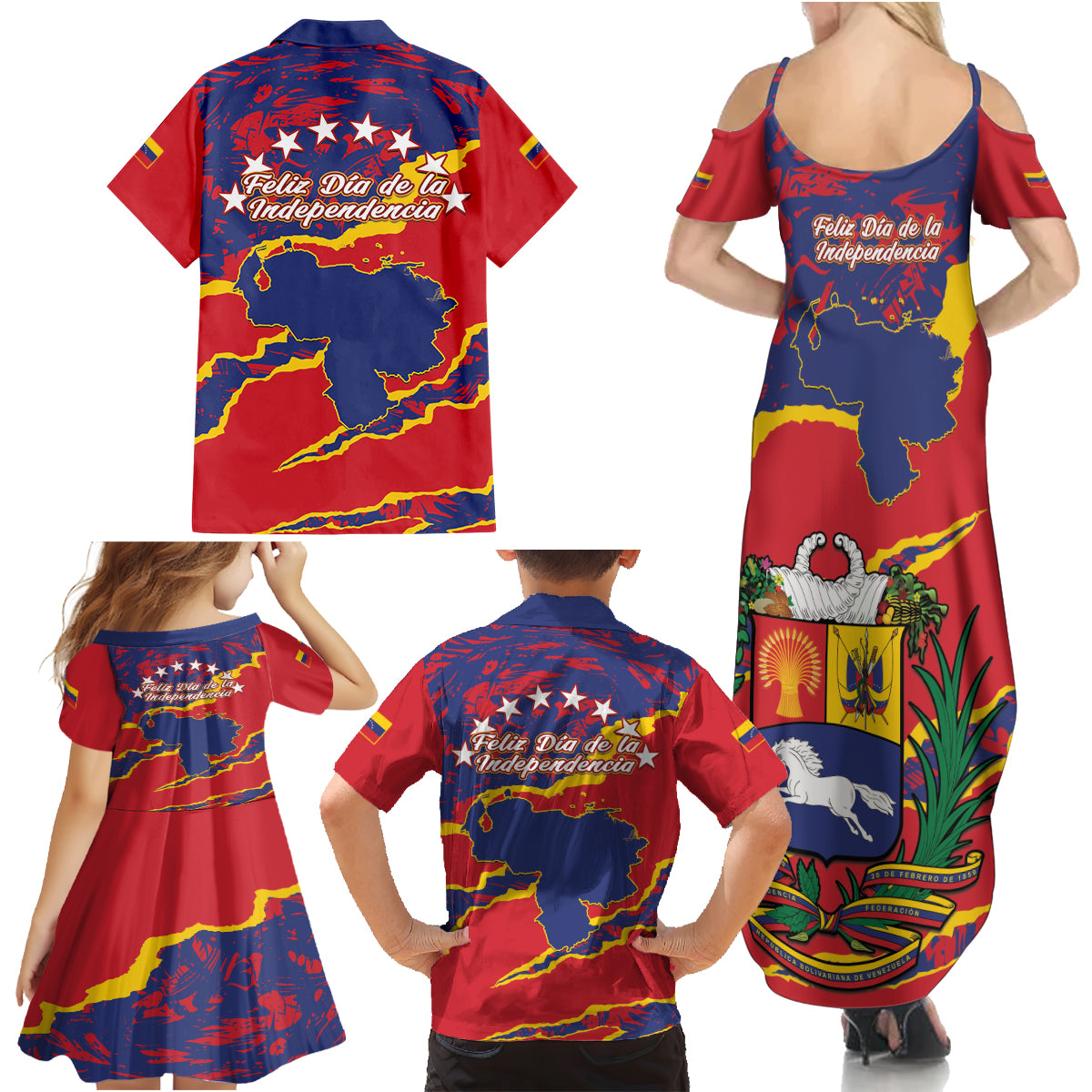 Venezuela Independence Day Family Matching Summer Maxi Dress and Hawaiian Shirt Feliz Dia de la Independencia Grunge Style - Wonder Print Shop