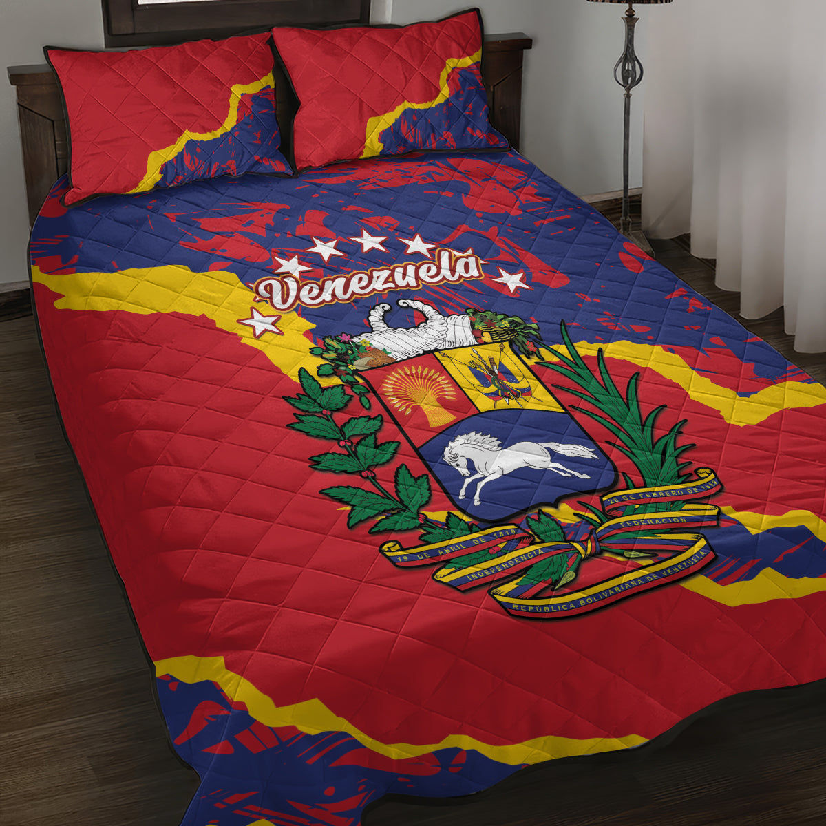 Venezuela Independence Day Quilt Bed Set Feliz Dia de la Independencia Grunge Style