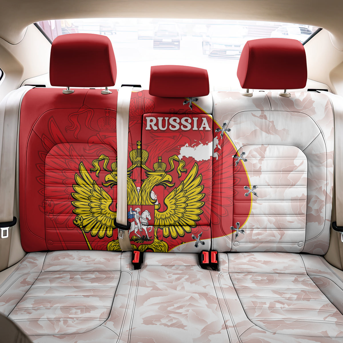 Russia Independence Day Back Car Seat Cover Coat Of Arms With Map - Wonder Print Shop