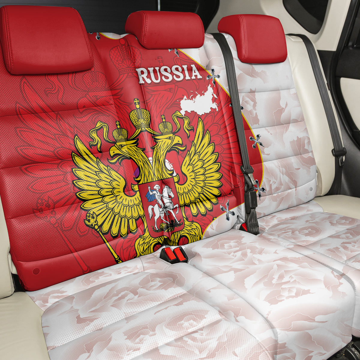 Russia Independence Day Back Car Seat Cover Coat Of Arms With Map - Wonder Print Shop