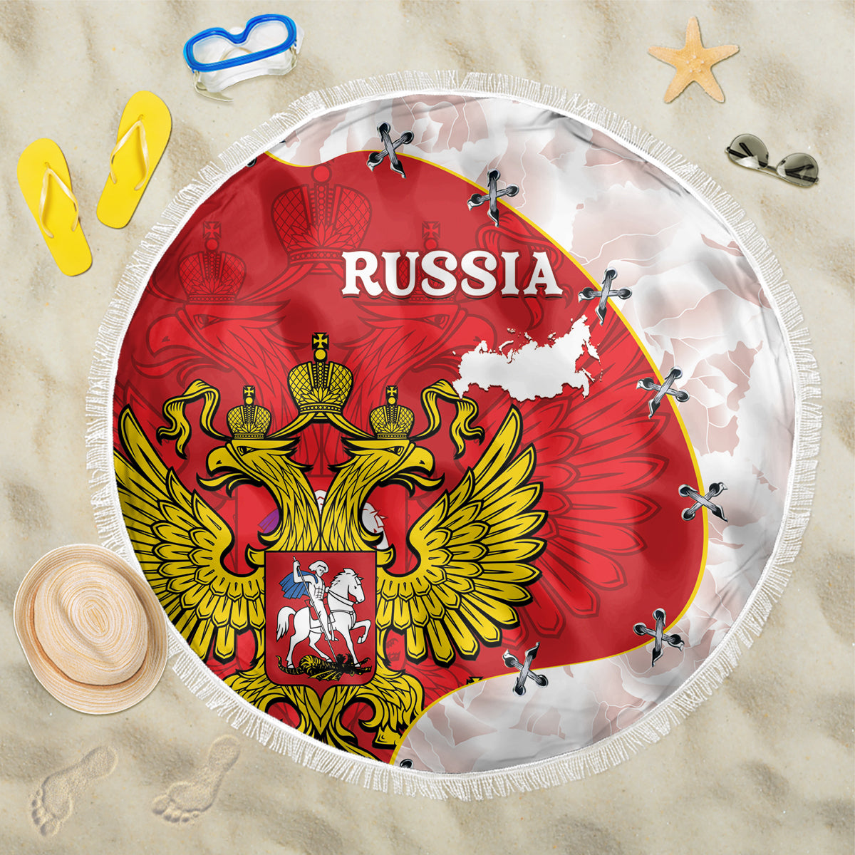 Russia Independence Day Beach Blanket Coat Of Arms With Map - Wonder Print Shop