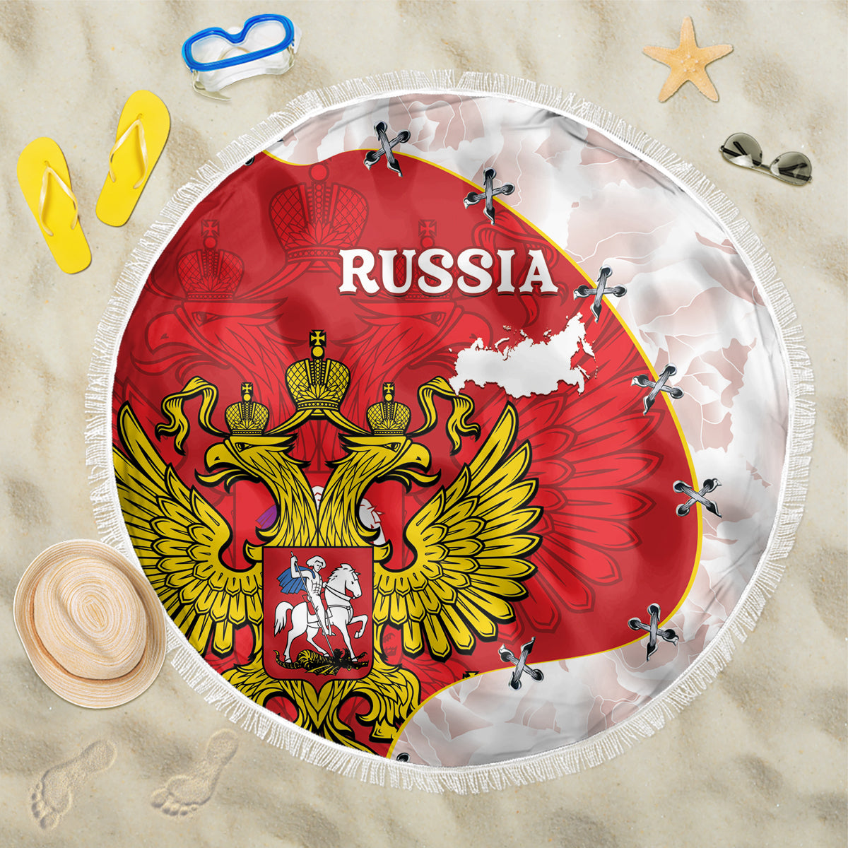 Russia Independence Day Beach Blanket Coat Of Arms With Map