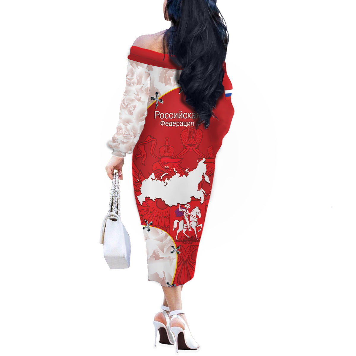 Russia Independence Day Off The Shoulder Long Sleeve Dress Coat Of Arms With Map - Wonder Print Shop