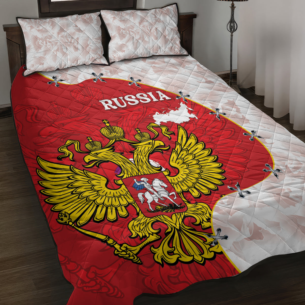 Russia Independence Day Quilt Bed Set Coat Of Arms With Map
