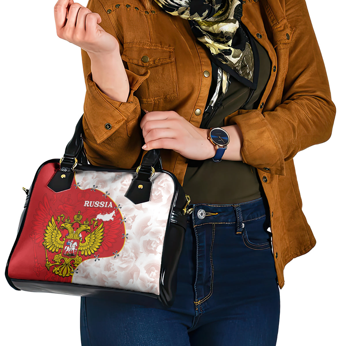 Russia Independence Day Shoulder Handbag Coat Of Arms With Map
