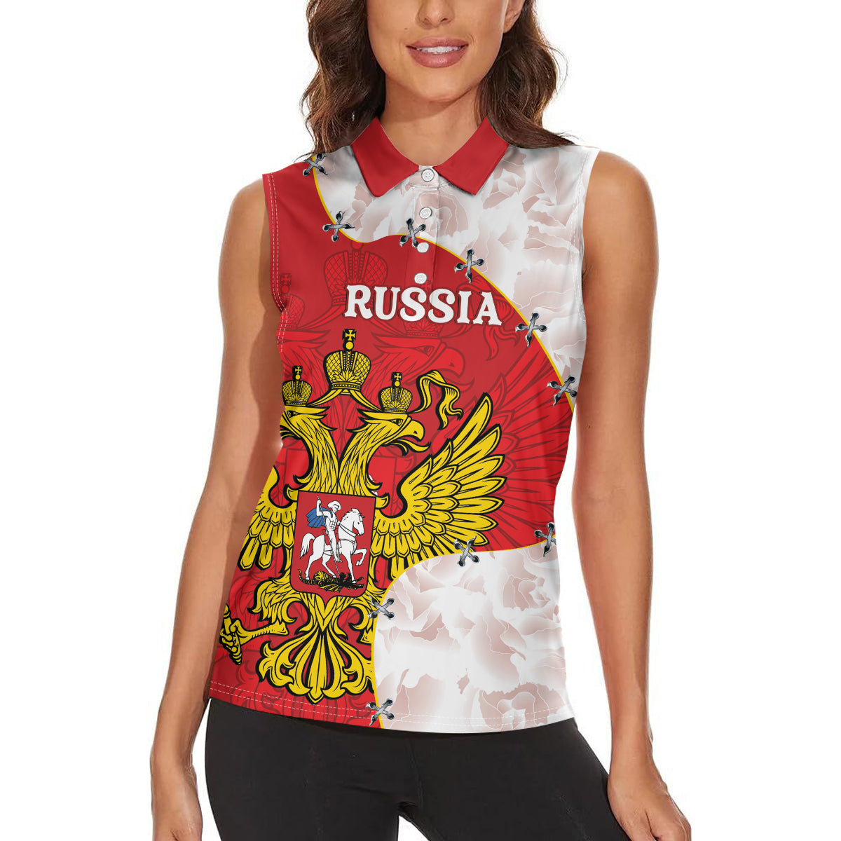 Russia Independence Day Women Sleeveless Polo Shirt Coat Of Arms With Map - Wonder Print Shop