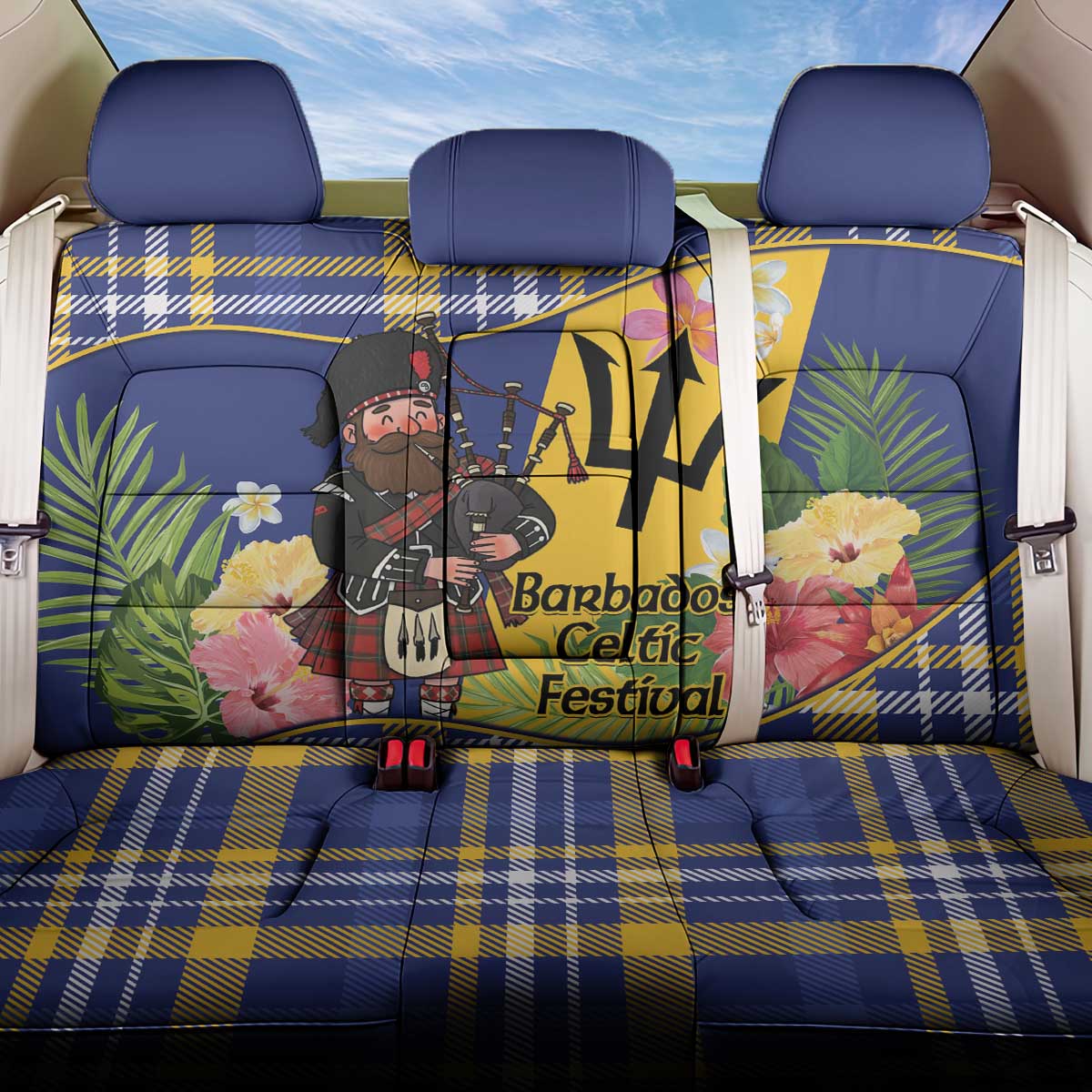 Barbados Celtic 2025 Festival Back Car Seat Cover Scottish Man With Bagpipes