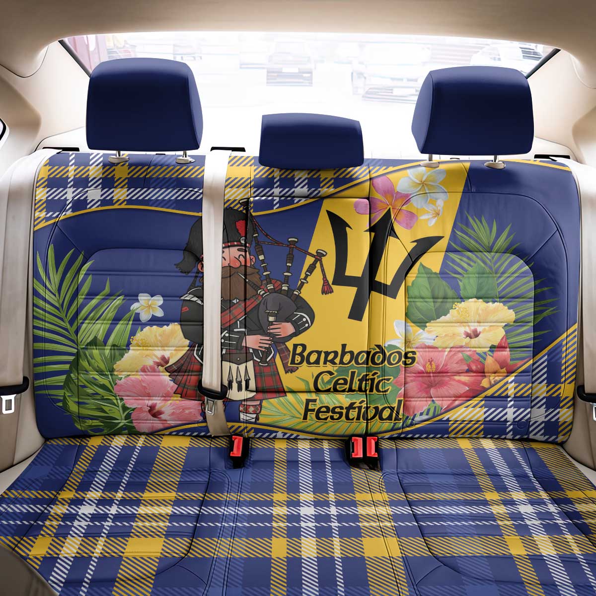 Barbados Celtic 2025 Festival Back Car Seat Cover Scottish Man With Bagpipes