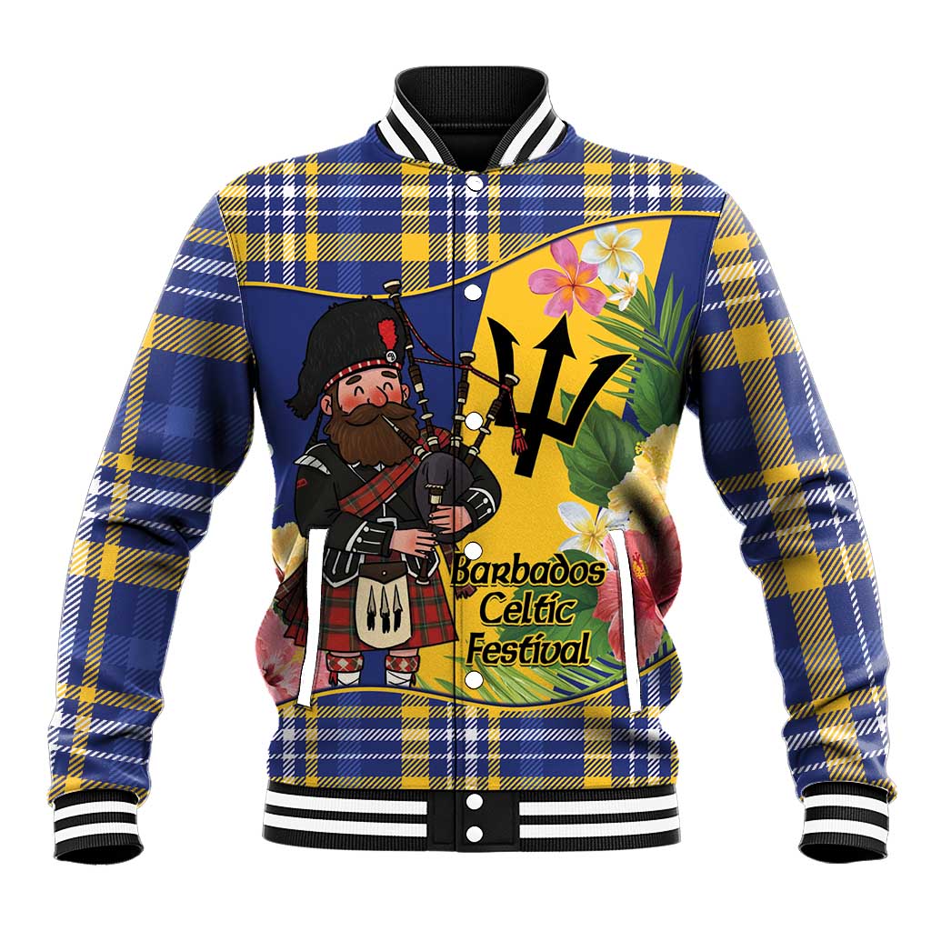Barbados Celtic 2025 Festival Baseball Jacket Scottish Man With Bagpipes