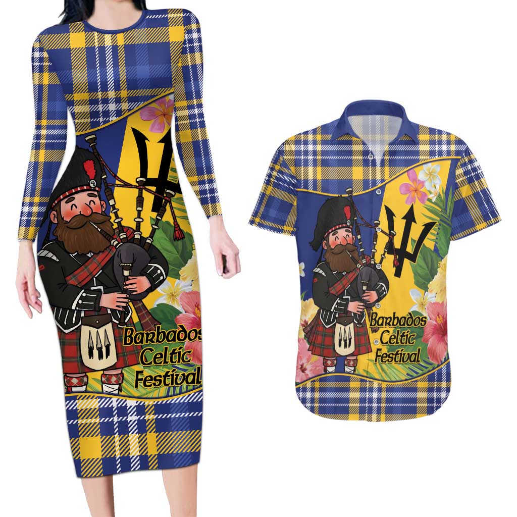 Barbados Celtic 2025 Festival Couples Matching Long Sleeve Bodycon Dress and Hawaiian Shirt Scottish Man With Bagpipes