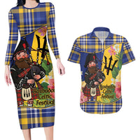 Barbados Celtic 2025 Festival Couples Matching Long Sleeve Bodycon Dress and Hawaiian Shirt Scottish Man With Bagpipes