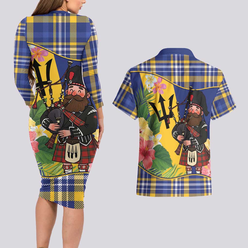 Barbados Celtic 2025 Festival Couples Matching Long Sleeve Bodycon Dress and Hawaiian Shirt Scottish Man With Bagpipes