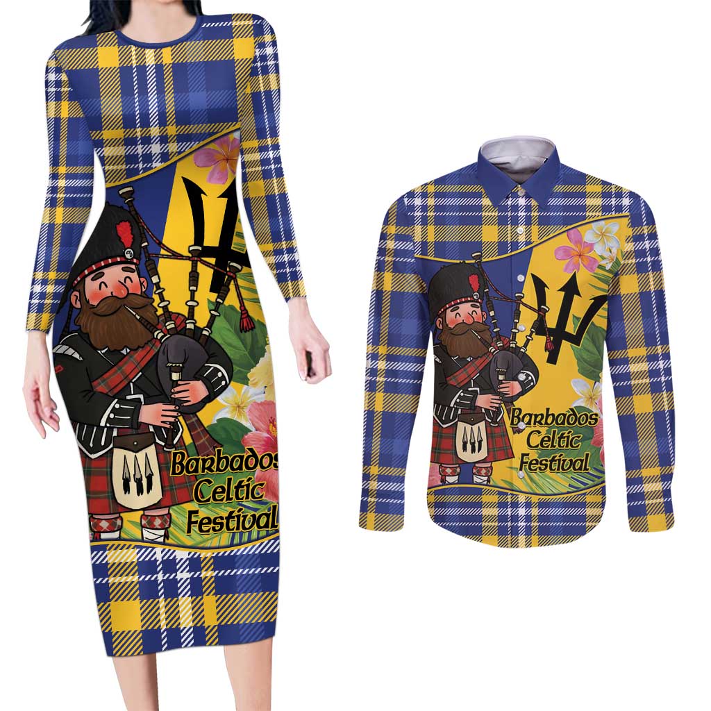 Barbados Celtic 2025 Festival Couples Matching Long Sleeve Bodycon Dress and Long Sleeve Button Shirt Scottish Man With Bagpipes