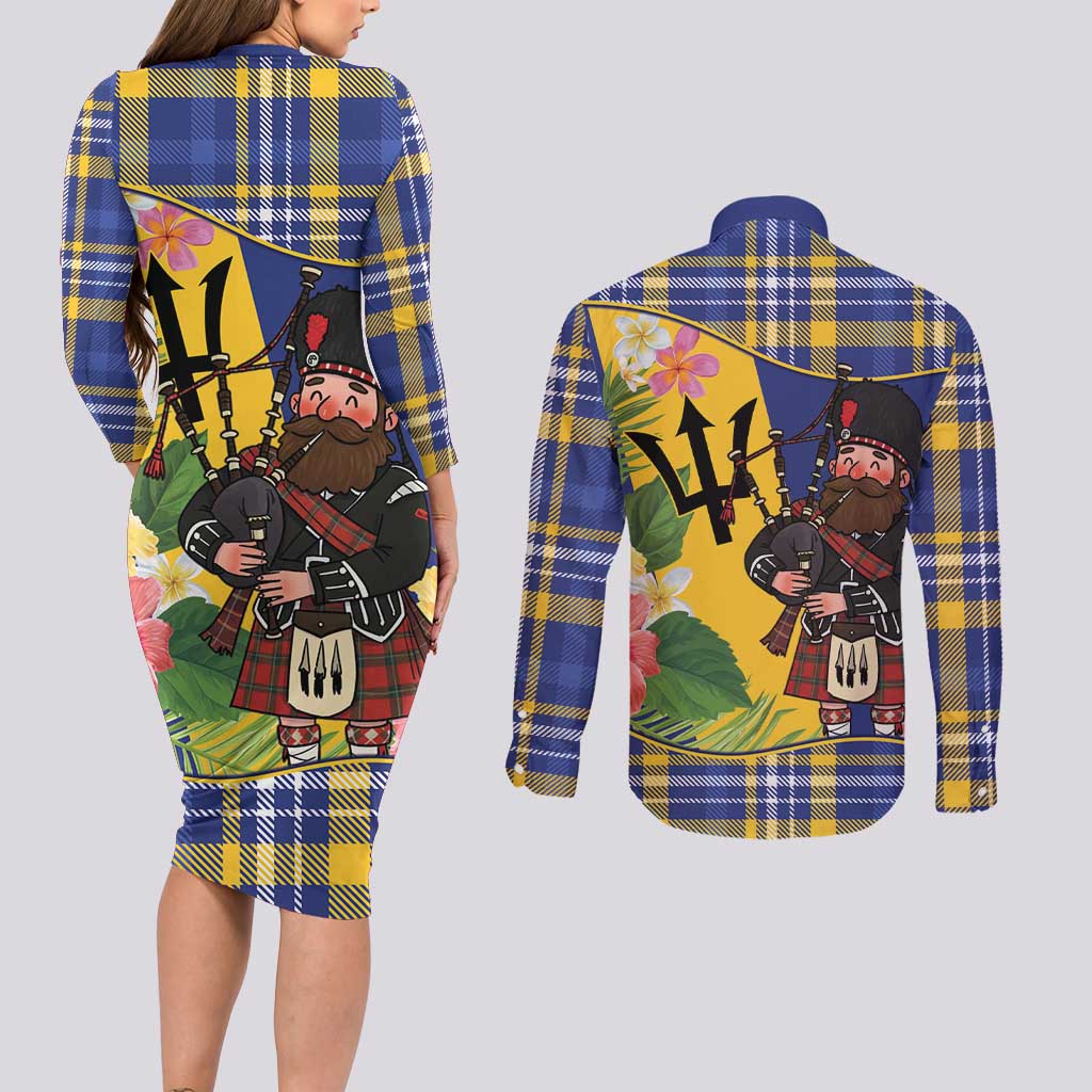 Barbados Celtic 2025 Festival Couples Matching Long Sleeve Bodycon Dress and Long Sleeve Button Shirt Scottish Man With Bagpipes