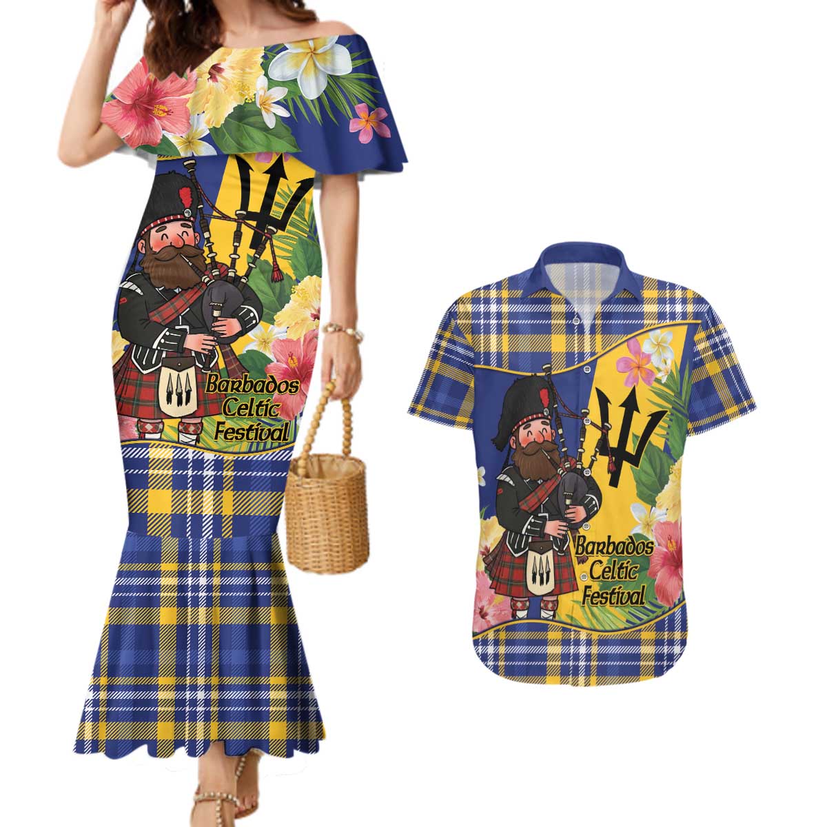 Barbados Celtic 2025 Festival Couples Matching Mermaid Dress and Hawaiian Shirt Scottish Man With Bagpipes