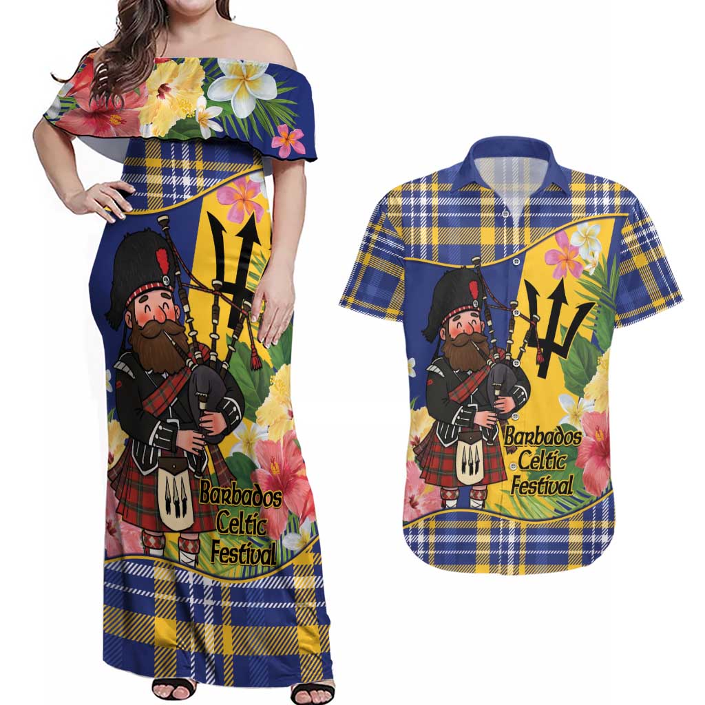 Barbados Celtic 2025 Festival Couples Matching Off Shoulder Maxi Dress and Hawaiian Shirt Scottish Man With Bagpipes
