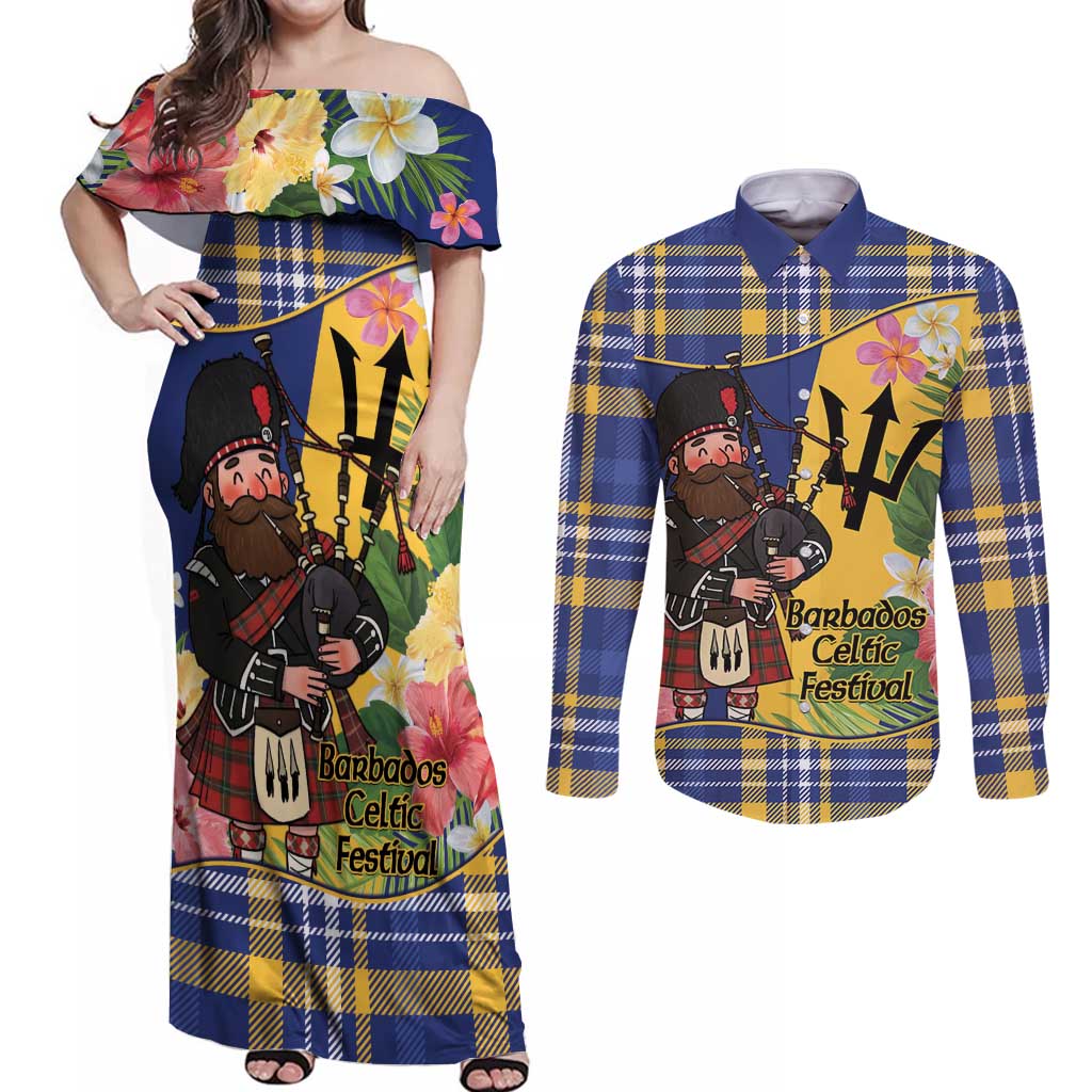 Barbados Celtic 2025 Festival Couples Matching Off Shoulder Maxi Dress and Long Sleeve Button Shirt Scottish Man With Bagpipes