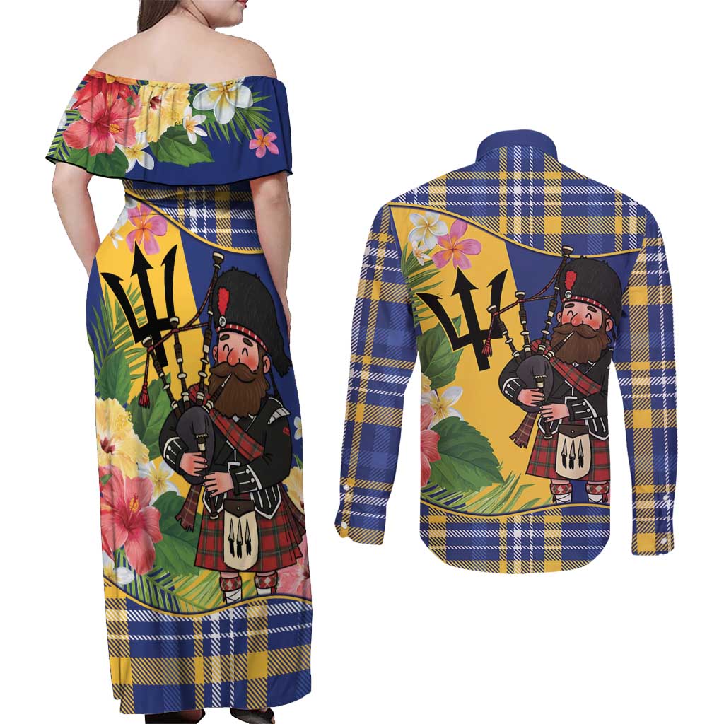 Barbados Celtic 2025 Festival Couples Matching Off Shoulder Maxi Dress and Long Sleeve Button Shirt Scottish Man With Bagpipes