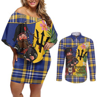 Barbados Celtic 2025 Festival Couples Matching Off Shoulder Short Dress and Long Sleeve Button Shirt Scottish Man With Bagpipes