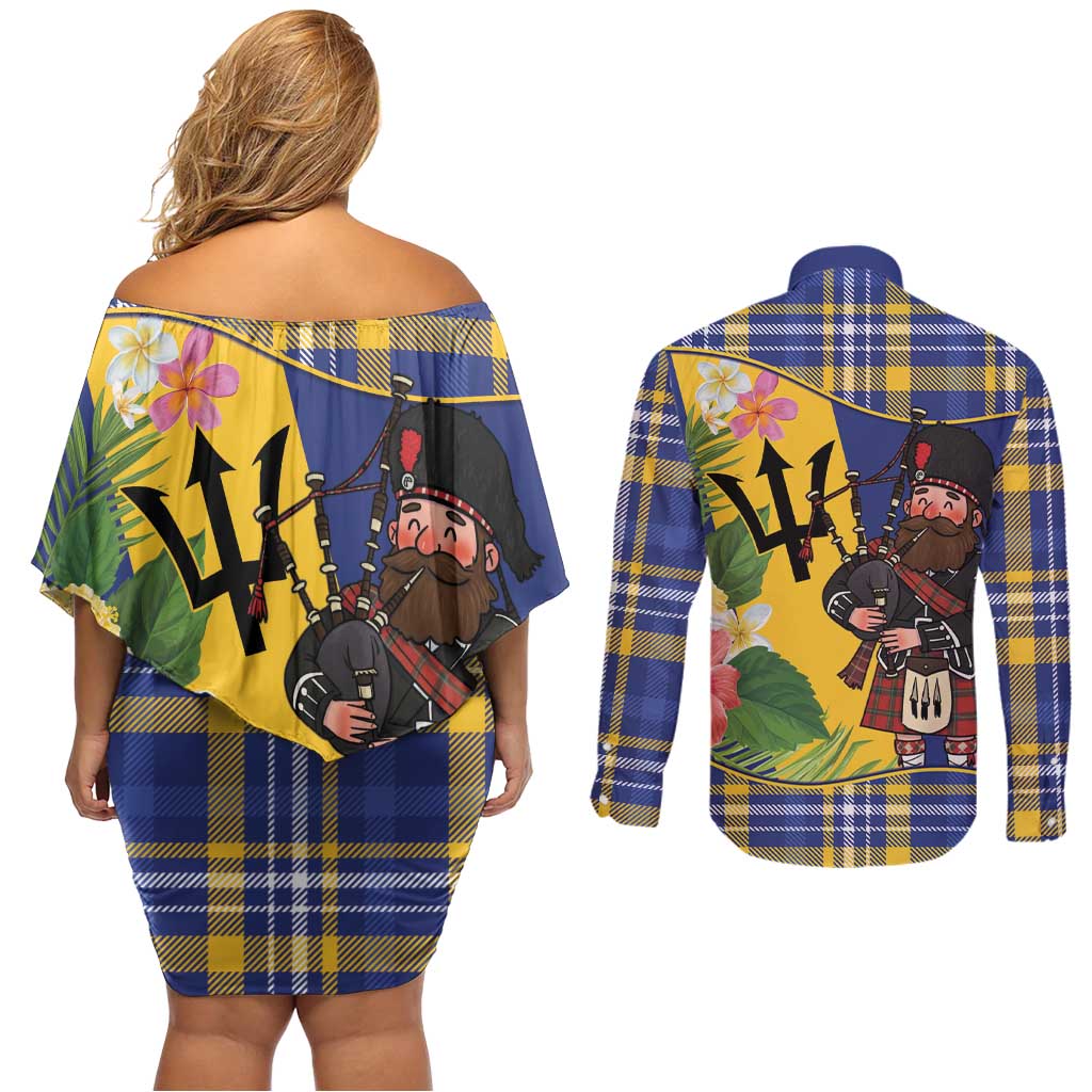 Barbados Celtic 2025 Festival Couples Matching Off Shoulder Short Dress and Long Sleeve Button Shirt Scottish Man With Bagpipes