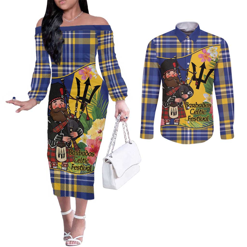 Barbados Celtic 2025 Festival Couples Matching Off The Shoulder Long Sleeve Dress and Long Sleeve Button Shirt Scottish Man With Bagpipes