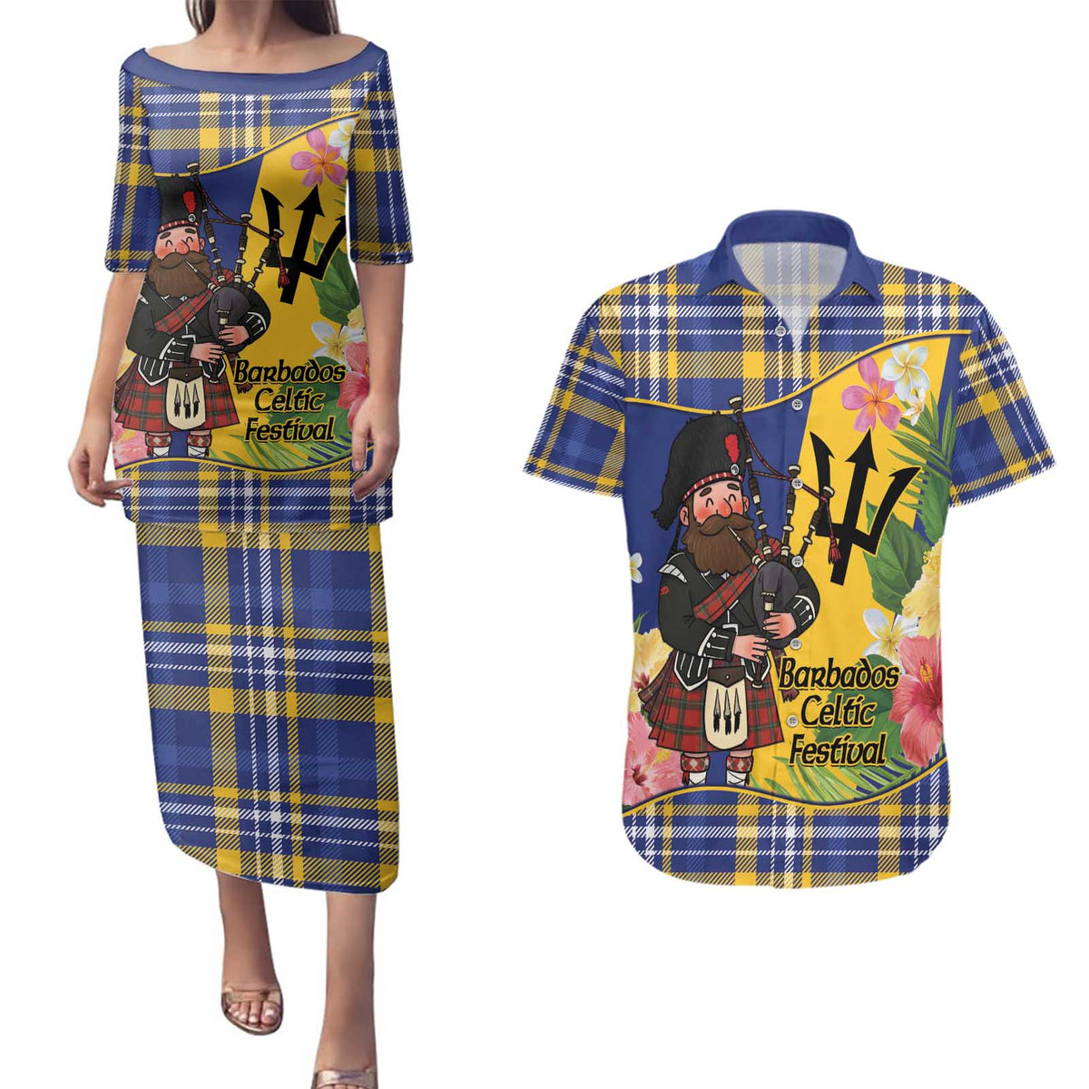 Barbados Celtic 2025 Festival Couples Matching Puletasi and Hawaiian Shirt Scottish Man With Bagpipes