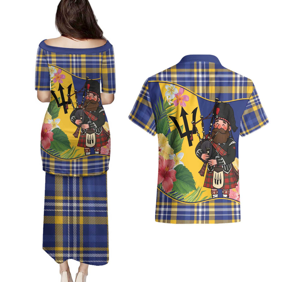 Barbados Celtic 2025 Festival Couples Matching Puletasi and Hawaiian Shirt Scottish Man With Bagpipes