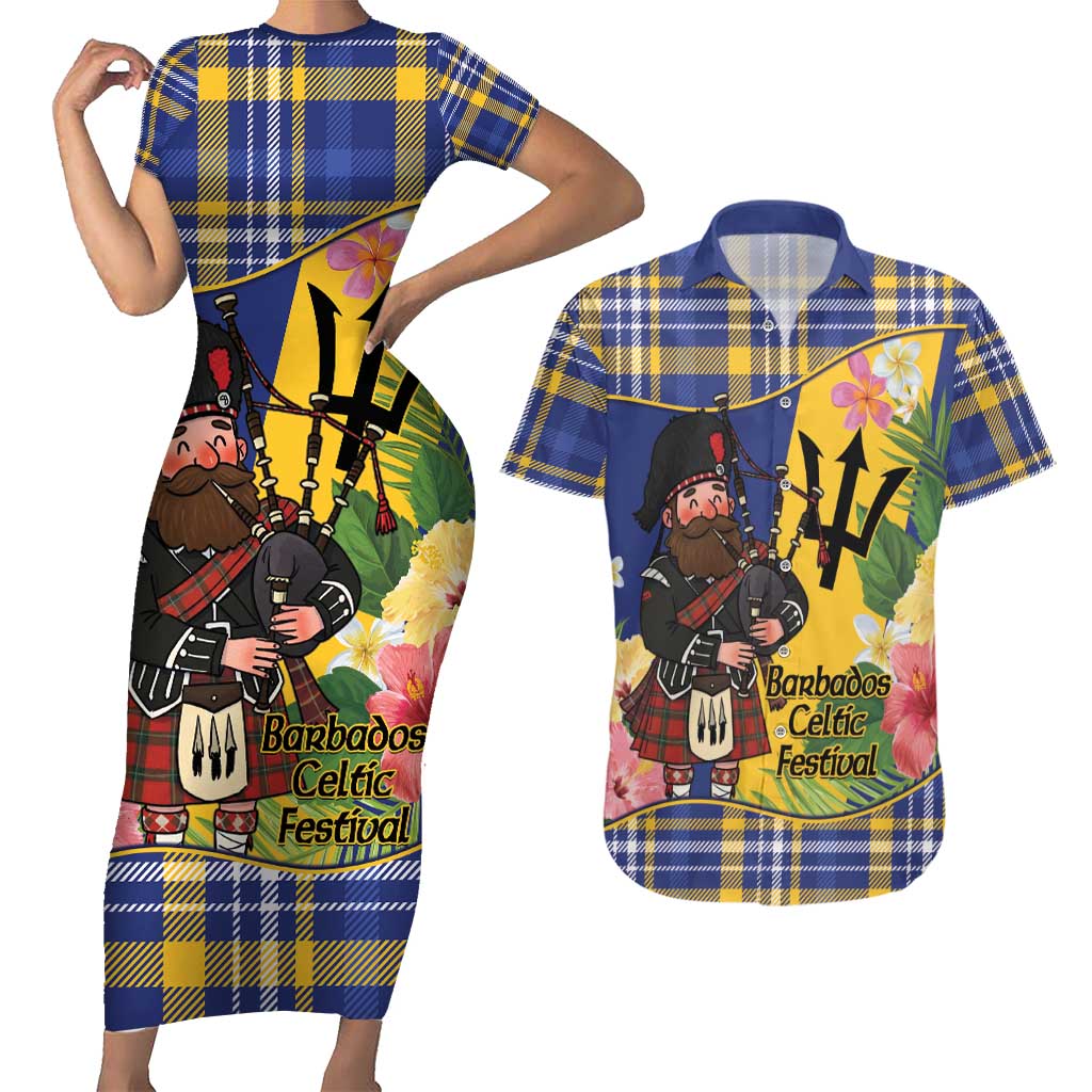 Barbados Celtic 2025 Festival Couples Matching Short Sleeve Bodycon Dress and Hawaiian Shirt Scottish Man With Bagpipes