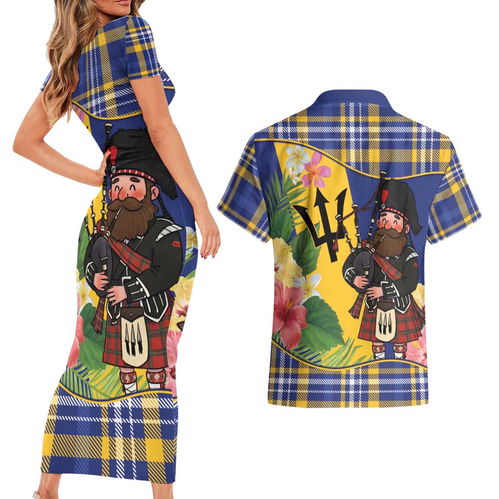 Barbados Celtic 2025 Festival Couples Matching Short Sleeve Bodycon Dress and Hawaiian Shirt Scottish Man With Bagpipes