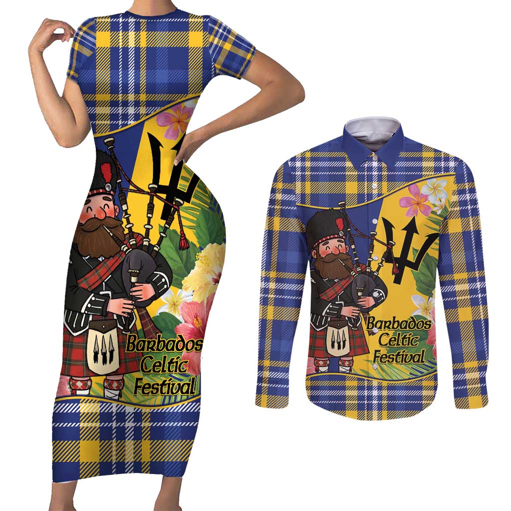 Barbados Celtic 2025 Festival Couples Matching Short Sleeve Bodycon Dress and Long Sleeve Button Shirt Scottish Man With Bagpipes