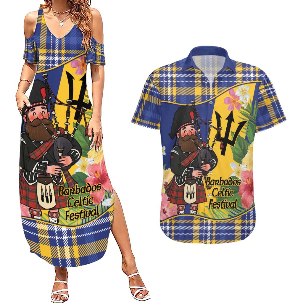Barbados Celtic 2025 Festival Couples Matching Summer Maxi Dress and Hawaiian Shirt Scottish Man With Bagpipes