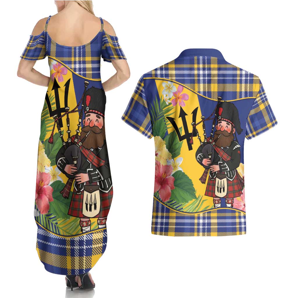 Barbados Celtic 2025 Festival Couples Matching Summer Maxi Dress and Hawaiian Shirt Scottish Man With Bagpipes
