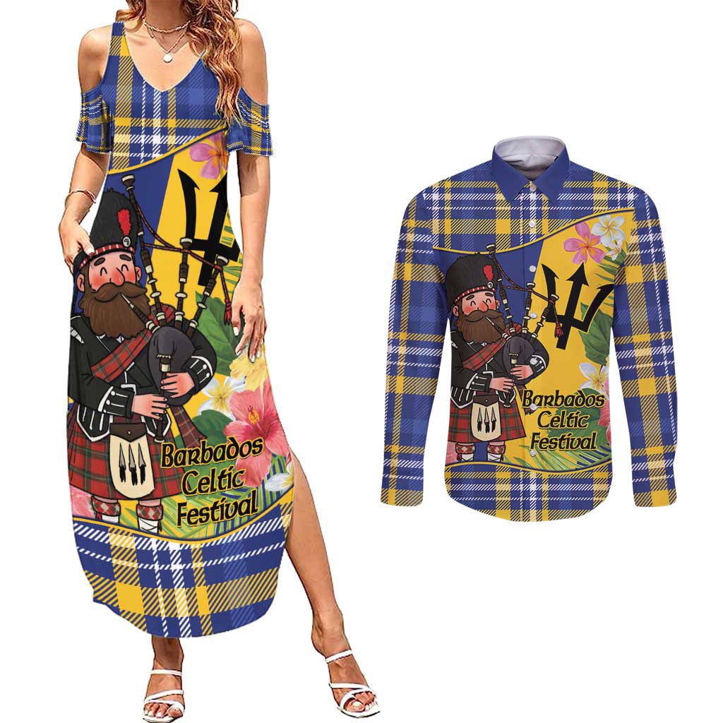 Barbados Celtic 2025 Festival Couples Matching Summer Maxi Dress and Long Sleeve Button Shirt Scottish Man With Bagpipes