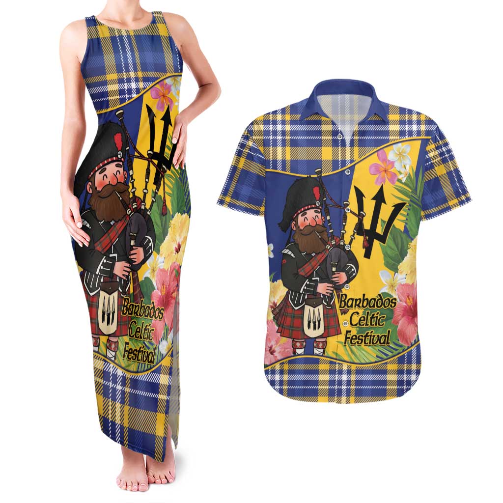 Barbados Celtic 2025 Festival Couples Matching Tank Maxi Dress and Hawaiian Shirt Scottish Man With Bagpipes