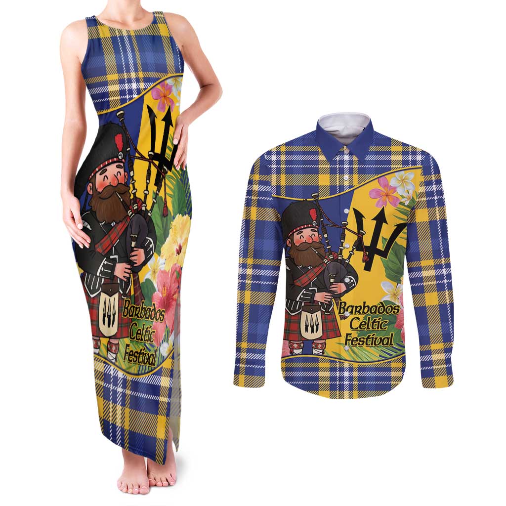 Barbados Celtic 2025 Festival Couples Matching Tank Maxi Dress and Long Sleeve Button Shirt Scottish Man With Bagpipes