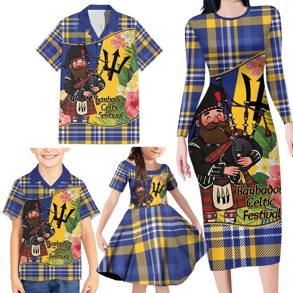 Barbados Celtic 2025 Festival Family Matching Long Sleeve Bodycon Dress and Hawaiian Shirt Scottish Man With Bagpipes