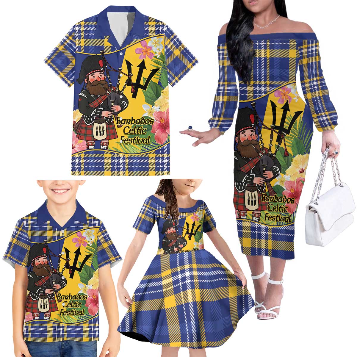 Barbados Celtic 2025 Festival Family Matching Off The Shoulder Long Sleeve Dress and Hawaiian Shirt Scottish Man With Bagpipes