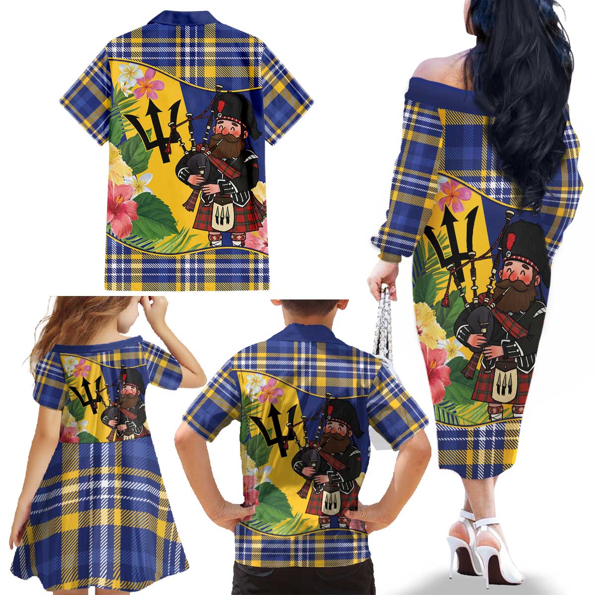 Barbados Celtic 2025 Festival Family Matching Off The Shoulder Long Sleeve Dress and Hawaiian Shirt Scottish Man With Bagpipes