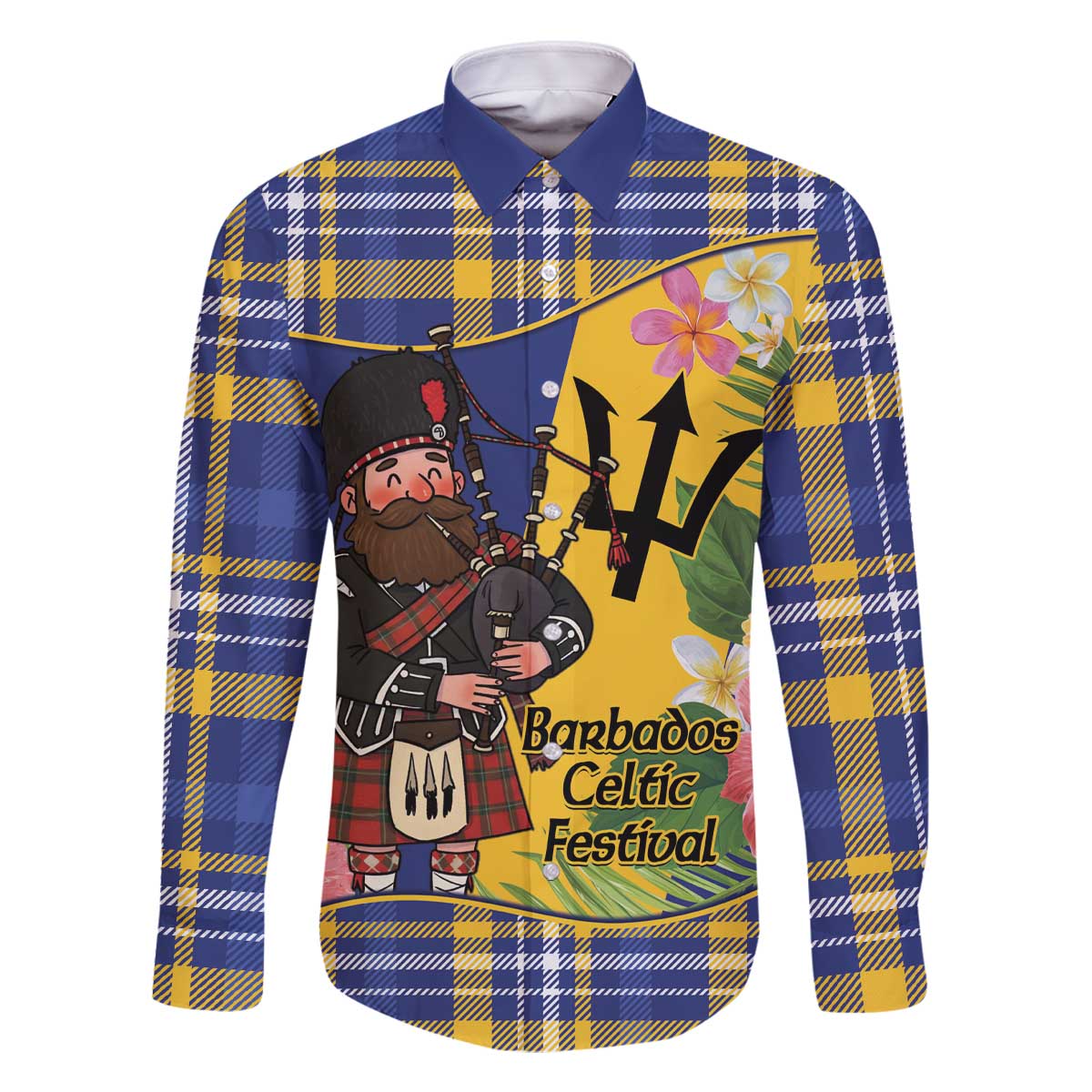 Barbados Celtic 2025 Festival Family Matching Off The Shoulder Long Sleeve Dress and Hawaiian Shirt Scottish Man With Bagpipes