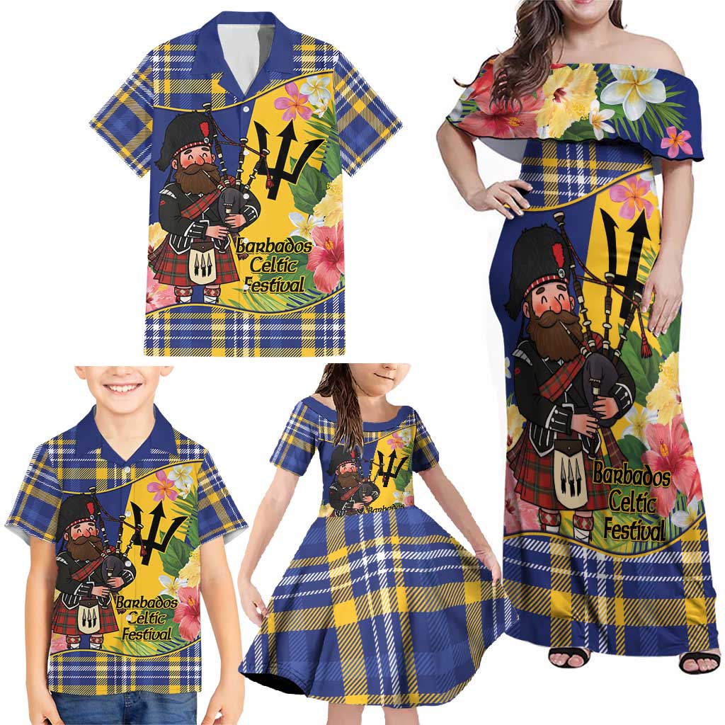 Barbados Celtic 2025 Festival Family Matching Off Shoulder Maxi Dress and Hawaiian Shirt Scottish Man With Bagpipes