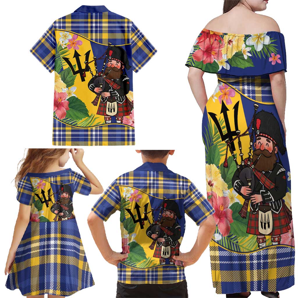 Barbados Celtic 2025 Festival Family Matching Off Shoulder Maxi Dress and Hawaiian Shirt Scottish Man With Bagpipes
